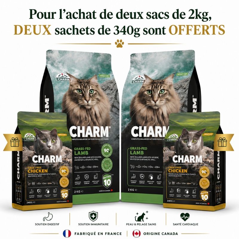 CHARM Croquettes Agneau Chat 2x2kg + 2 Sachets Offerts