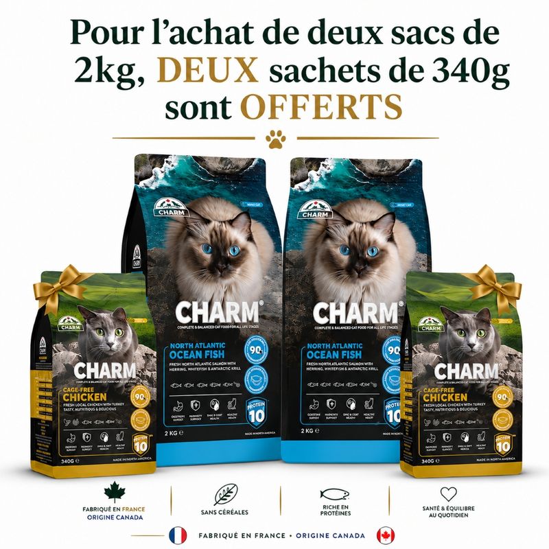 CHARM Croquettes Poisson Chat 2x2kg + 2 Sachets Offerts
