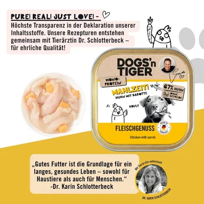 Dogs'n Tiger Mahlzeit Barquette, nourriture pour chiens, poulet aux carotte Dogs'n Tiger Mahlzeit Barquette, nourriture pour chiens, poulet aux carotte