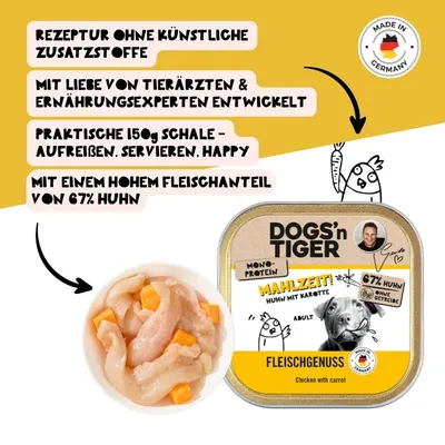 Dogs'n Tiger Mahlzeit Barquette, nourriture pour chiens, poulet aux carotte Dogs'n Tiger Mahlzeit Barquette, nourriture pour chiens, poulet aux carotte