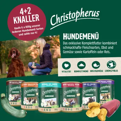 Christopherus Menu AKTION 4 + 2 Dosen gratis 4.8 kg Christopherus Menu AKTION 4 + 2 Dosen gratis 4.8 kg
