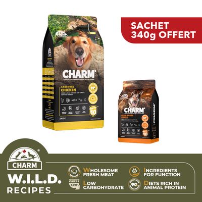 CHARM Pack Poulet 2kg + Canard 340g Offert pour chien - Sans Céréales
