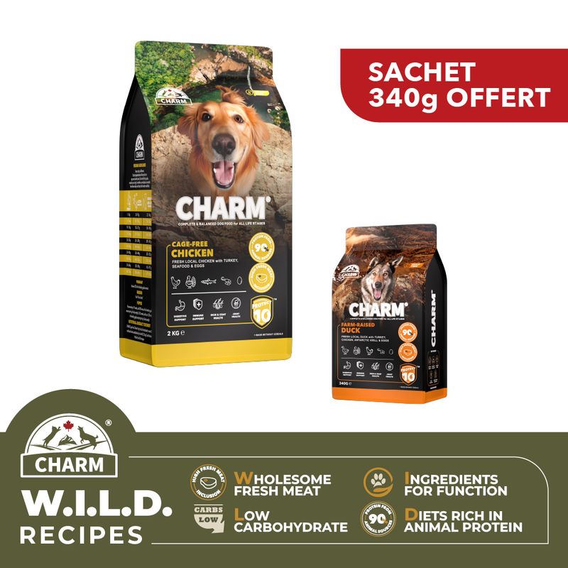 CHARM Pack Poulet 2kg + Canard 340g Offert pour chien - Sans Céréales