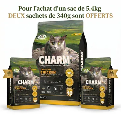 CHARM Pack Poulet Fermier 5.4kg + 2x340g Offerts pour chat - Sans Céréales CHARM Pack Poulet Fermier 5.4kg + 2x340g Offerts pour chat - Sans Céréales