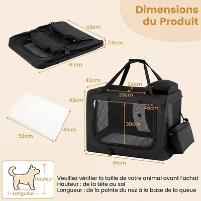 GIANTEX Sac Transport Chien Chat 61x43x43cm Oxford 3 Portes Coussin