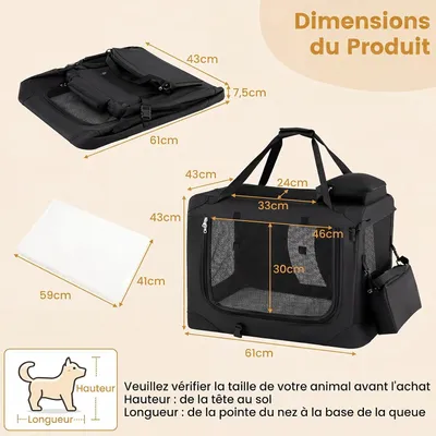 GIANTEX Sac Transport Chien Chat 61x43x43cm Oxford 3 Portes Coussin