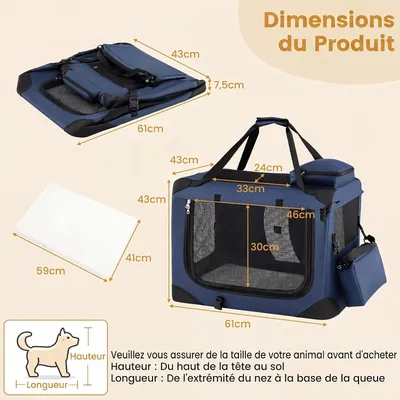 GIANTEX Sac Transport Chien Chat 61x43x43cm Oxford 3 Portes Coussin