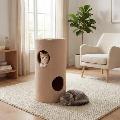 GIANTEX  Tonneau Chat 2 Niveaux, 66 cm, Tapis Sisal, 2 Condos, Ours.