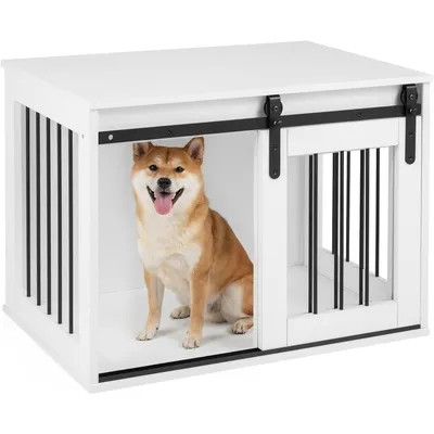 GIANTEX Hundekäfig aus Holz & Metall, Hundebox mit Schiebetür und Beistelltisch GIANTEX Hundekäfig aus Holz & Metall, Hundebox mit Schiebetür und Beistelltisch