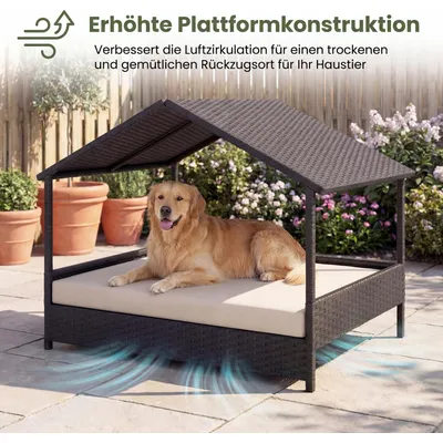 GIANTEX Outdoor Hundebett Erhöht,Rattan Mit Kissen & Schrägdach, Wetterfest GIANTEX Outdoor Hundebett Erhöht,Rattan Mit Kissen & Schrägdach, Wetterfest