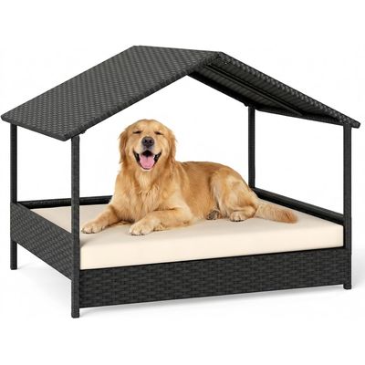GIANTEX Outdoor Hundebett Erhöht,Rattan Mit Kissen & Schrägdach, Wetterfest