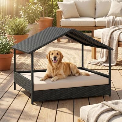 GIANTEX Lit Chien Surélevé avec Coussin,Rotin PE,Toit en Pente 98x68x74 cm