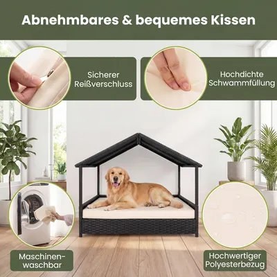 GIANTEX Outdoor Hundebett Erhöht,Rattan Mit Kissen & Schrägdach, Wetterfest GIANTEX Outdoor Hundebett Erhöht,Rattan Mit Kissen & Schrägdach, Wetterfest