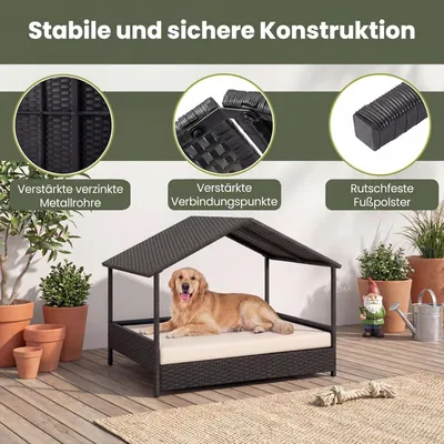 GIANTEX Outdoor Hundebett Erhöht,Rattan Mit Kissen & Schrägdach, Wetterfest GIANTEX Outdoor Hundebett Erhöht,Rattan Mit Kissen & Schrägdach, Wetterfest