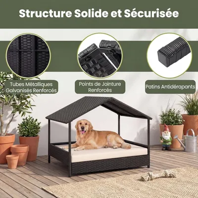 GIANTEX Lit Chien Surélevé avec Coussin,Rotin PE,Toit en Pente 98x68x74 cm GIANTEX Lit Chien Surélevé avec Coussin,Rotin PE,Toit en Pente 98x68x74 cm