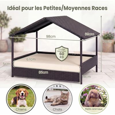 GIANTEX Lit Chien Surélevé avec Coussin,Rotin PE,Toit en Pente 98x68x74 cm