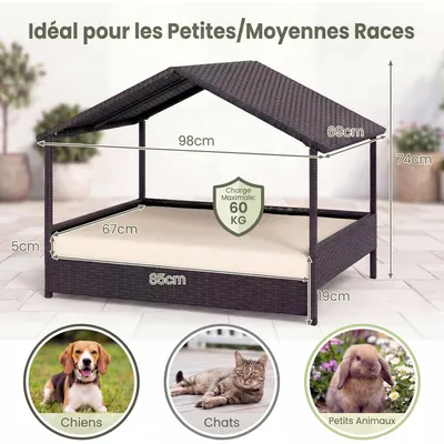 GIANTEX Lit Chien Surélevé avec Coussin,Rotin PE,Toit en Pente 98x68x74 cm GIANTEX Lit Chien Surélevé avec Coussin,Rotin PE,Toit en Pente 98x68x74 cm