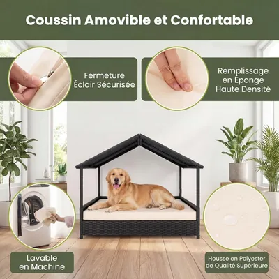 GIANTEX Lit Chien Surélevé avec Coussin,Rotin PE,Toit en Pente 98x68x74 cm GIANTEX Lit Chien Surélevé avec Coussin,Rotin PE,Toit en Pente 98x68x74 cm