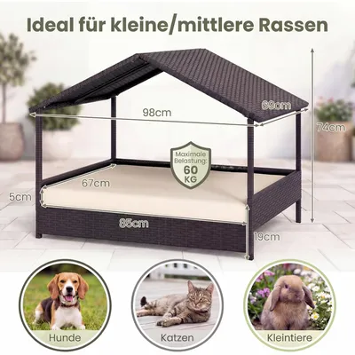 GIANTEX Outdoor Hundebett Erhöht,Rattan Mit Kissen & Schrägdach, Wetterfest GIANTEX Outdoor Hundebett Erhöht,Rattan Mit Kissen & Schrägdach, Wetterfest