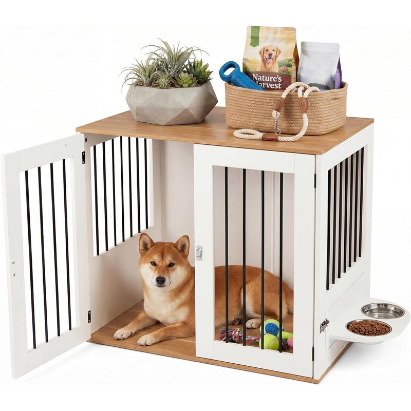 GIANTEX Hundekäfig-Möbel 80 cm, Holz, 360° Futternäpfe, abschließbare Tür.