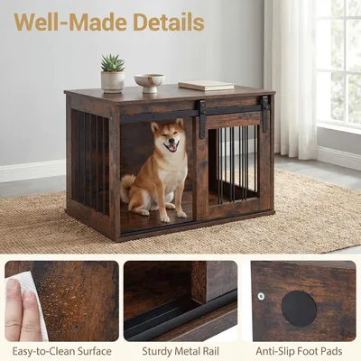 GIANTEX Hundekäfig aus Holz & Metall, Hundebox mit Schiebetür und Beistelltisch GIANTEX Hundekäfig aus Holz & Metall, Hundebox mit Schiebetür und Beistelltisch