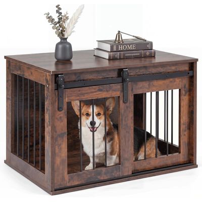 GIANTEX Hundekäfig aus Holz & Metall, Hundebox mit Schiebetür und Beistelltisch
