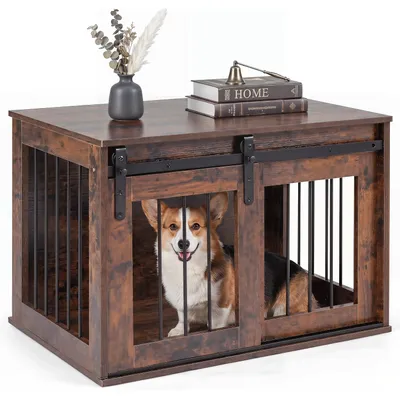 GIANTEX Hundekäfig aus Holz & Metall, Hundebox mit Schiebetür und Beistelltisch GIANTEX Hundekäfig aus Holz & Metall, Hundebox mit Schiebetür und Beistelltisch