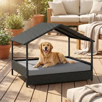 GIANTEX Outdoor Hundebett Erhöht,Rattan Mit Kissen & Schrägdach, Wetterfest