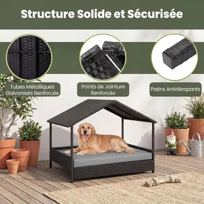 GIANTEX Lit Chien Surélevé avec Coussin,Rotin PE,Toit en Pente 98x68x74 cm