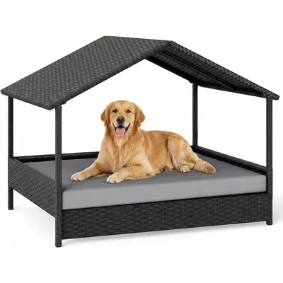 GIANTEX Outdoor Hundebett Erhöht,Rattan Mit Kissen & Schrägdach, Wetterfest GIANTEX Outdoor Hundebett Erhöht,Rattan Mit Kissen & Schrägdach, Wetterfest