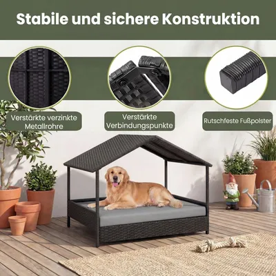 GIANTEX Outdoor Hundebett Erhöht,Rattan Mit Kissen & Schrägdach, Wetterfest