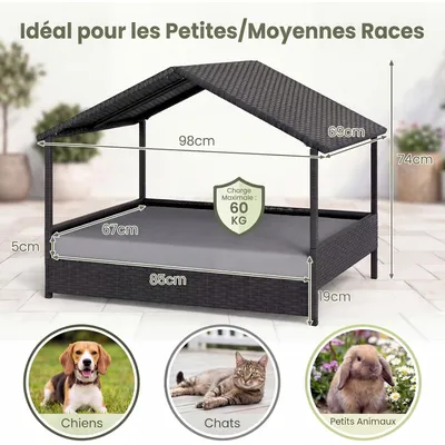 GIANTEX Lit Chien Surélevé avec Coussin,Rotin PE,Toit en Pente 98x68x74 cm
