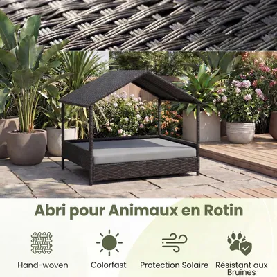 GIANTEX Lit Chien Surélevé avec Coussin,Rotin PE,Toit en Pente 98x68x74 cm