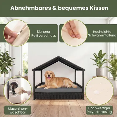 GIANTEX Outdoor Hundebett Erhöht,Rattan Mit Kissen & Schrägdach, Wetterfest