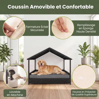 GIANTEX Lit Chien Surélevé avec Coussin,Rotin PE,Toit en Pente 98x68x74 cm