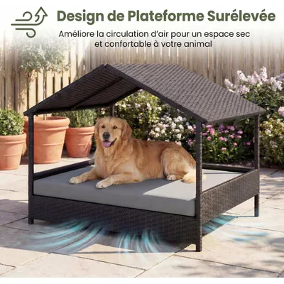 GIANTEX Lit Chien Surélevé avec Coussin,Rotin PE,Toit en Pente 98x68x74 cm
