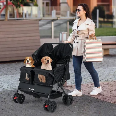 GIANTEX Hundebuggy Doppelhundewagen Faltbar Sonnendach 360° Rollen GIANTEX Hundebuggy Doppelhundewagen Faltbar Sonnendach 360° Rollen