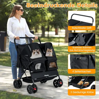 GIANTEX Hundebuggy Doppelhundewagen Faltbar Sonnendach 360° Rollen GIANTEX Hundebuggy Doppelhundewagen Faltbar Sonnendach 360° Rollen