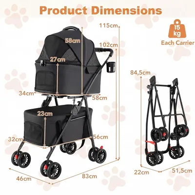 GIANTEX Doppel-Hundewagen 3-in-1, 30 kg, Sonnendach, Netz, Getränkehalter. GIANTEX Doppel-Hundewagen 3-in-1, 30 kg, Sonnendach, Netz, Getränkehalter.