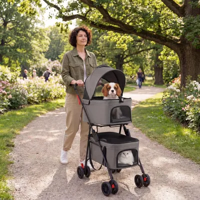 GIANTEX Doppel-Hundewagen 3-in-1, 30 kg, Sonnendach, Netz, Getränkehalter.