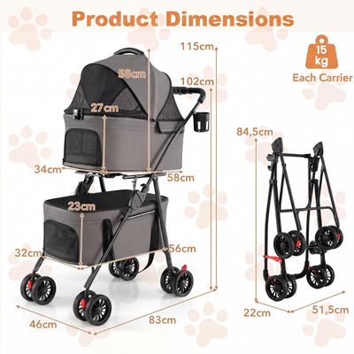 GIANTEX Doppel-Hundewagen 3-in-1, 30 kg, Sonnendach, Netz, Getränkehalter.