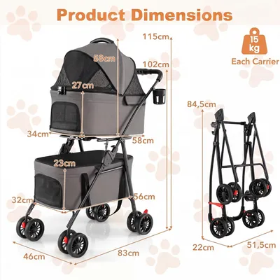 GIANTEX Doppel-Hundewagen 3-in-1, 30 kg, Sonnendach, Netz, Getränkehalter.