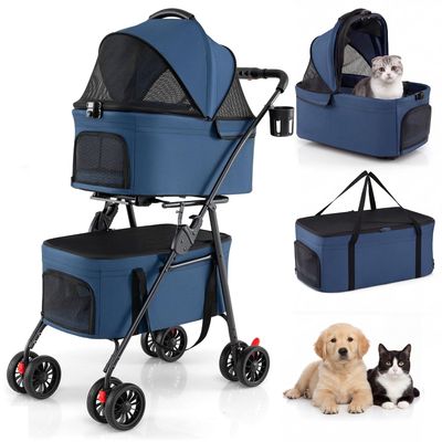 GIANTEX Doppel-Hundewagen 3-in-1, 30 kg, Sonnendach, Netz, Getränkehalter.