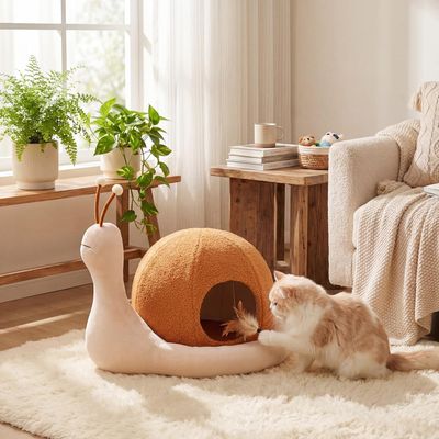 GIANTEX Niche Chat Escargot 56 cm, Coussin Amovible, Peluche, Antidérapant.