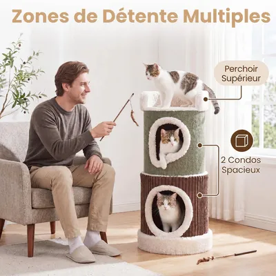 GIANTEX Tonneau Chat 85 cm, 3 Niveaux, 2 Niches,Perchoir,Coussins Lavables.