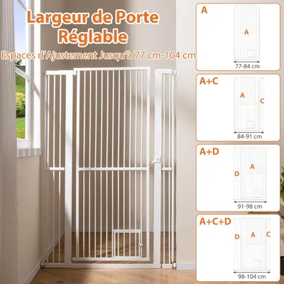 GIANTEX Barrière Chien Métal 150cm H Sans Perçage 77-104cm Porte Blanc GIANTEX Barrière Chien Métal 150cm H Sans Perçage 77-104cm Porte Blanc