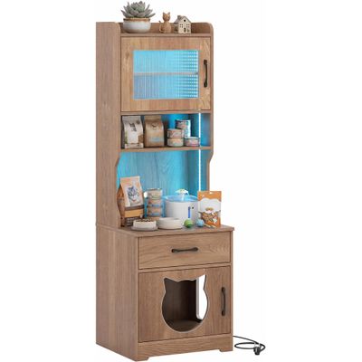 GIANTEX Meuble Chat LED,Chargeur,Cache Litière,Rangement,Niche Multi-entrée