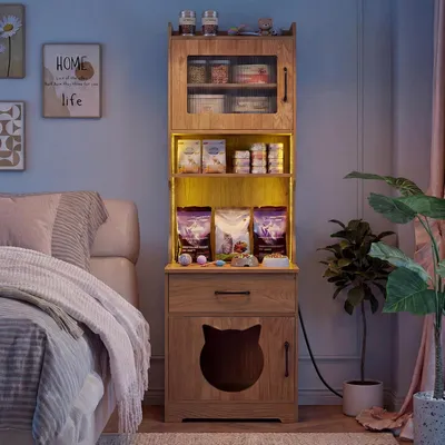 GIANTEX Hoch-Katzenschrank mit Ladestation, 16 Modi LED, Klo-Versteck GIANTEX Hoch-Katzenschrank mit Ladestation, 16 Modi LED, Klo-Versteck