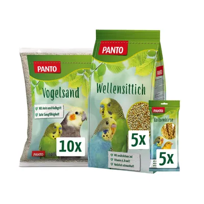 PANTO Wellensittich Set mit Futter, Vogelsand & Kolbenhirse PANTO Wellensittich Set mit Futter, Vogelsand & Kolbenhirse