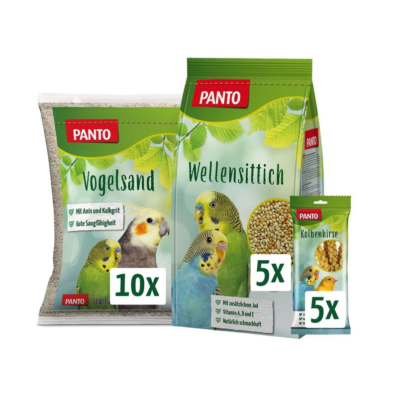 PANTO Wellensittich Set mit Futter, Vogelsand & Kolbenhirse